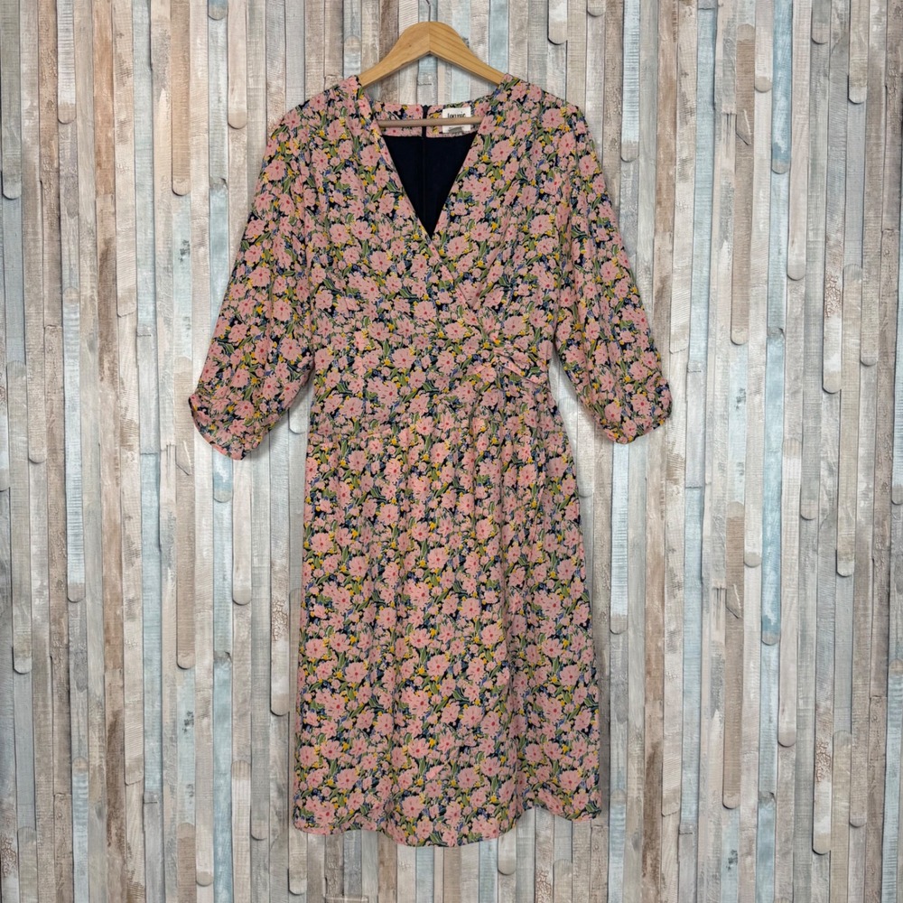 Joanie 16 Pink Floral Print Wrap Surplice Front V Neck Midi Dress Tie Back Retro